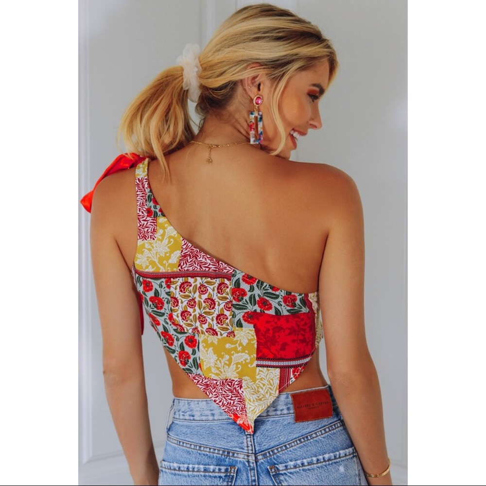 Red Floral Ribbon One Shoulder Top - Picture 2 of 4